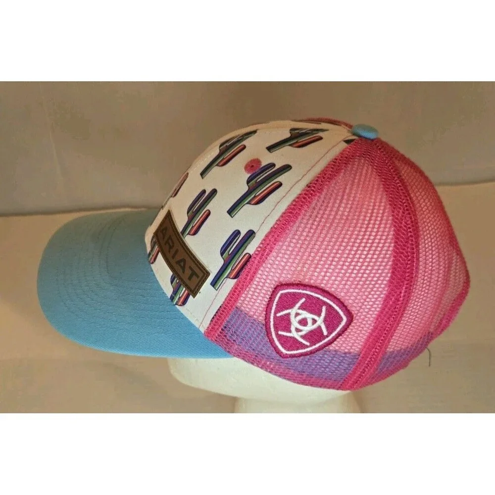 Ariat Youth Cactus Print Cap Blue Bill Pink Mesh Adjustable Snap Back Hat OSFM